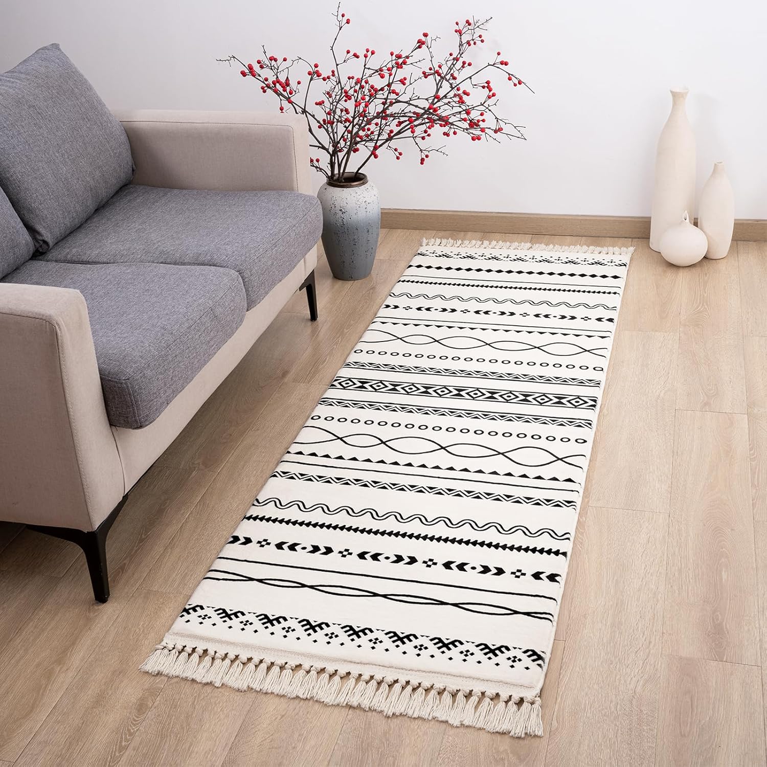 Alfombra de pasillo de 2 x 6 pies, alfombra marroquí esponjosa con borlas, alfombra rústica para habitación de entrada, alfombra geométrica para
