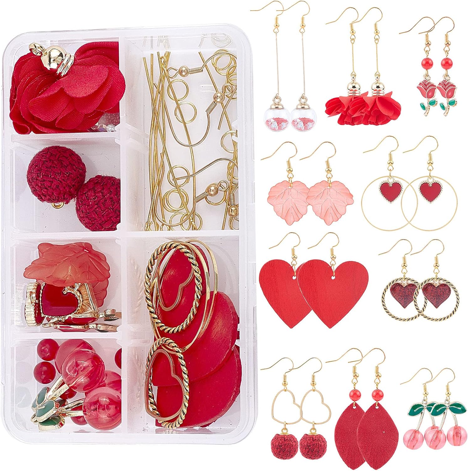 SUNNYCLUE 1 caja de bricolaje 10 pares de aretes de San Valentín, diseño de flores rojas y cerezas, colgantes de tela redonda de tela con corazón y