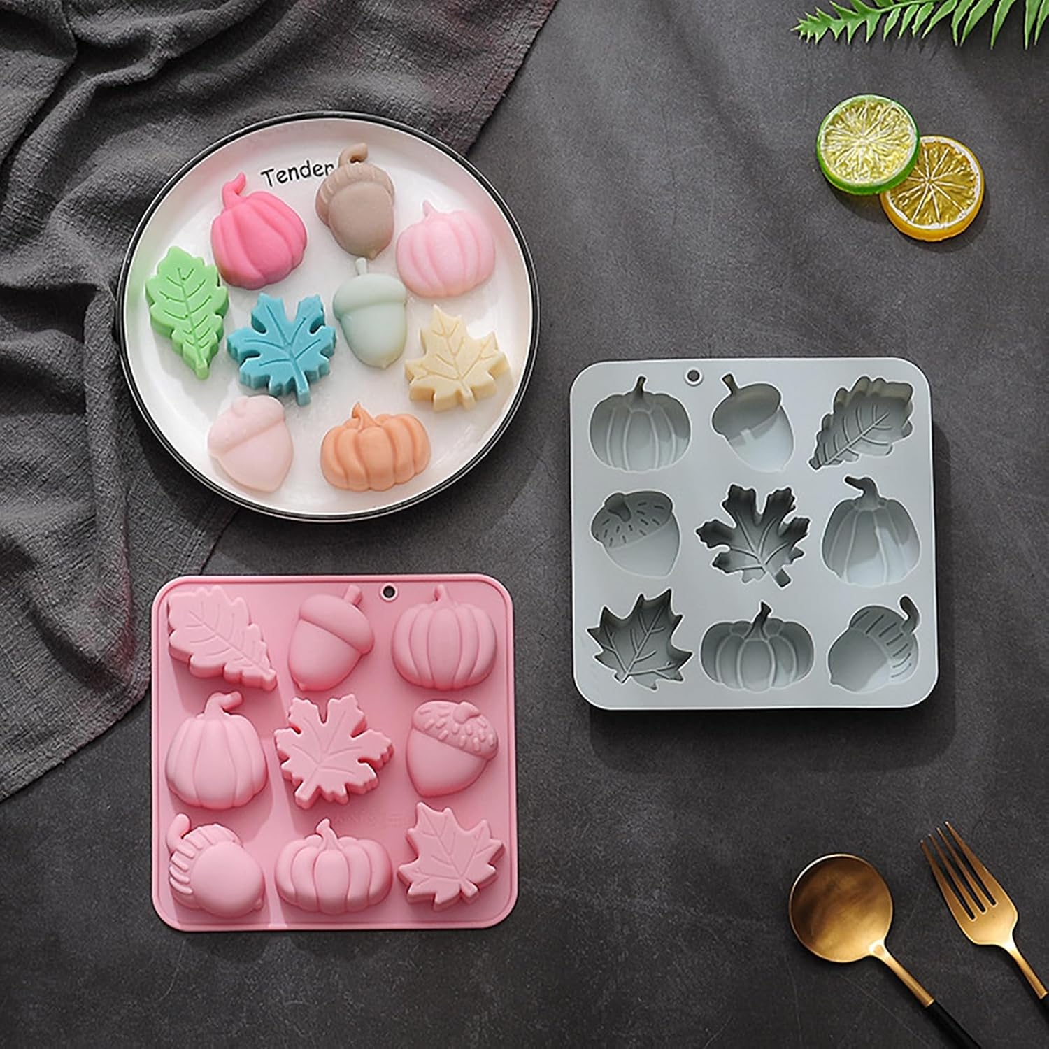 Molde de fondant de Halloween, 2 moldes de caramelo, lindo molde de silicona con patrón de hoja de arce de calabaza 3D, molde de 9 rejillas, molde