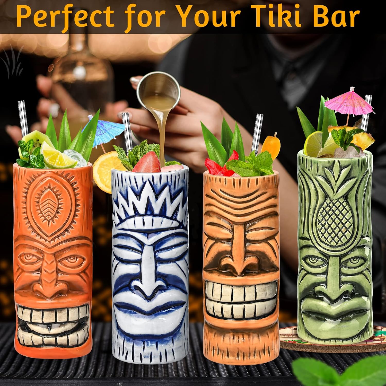 Tiki Mugs – Juego de 4 tazas de cóctel de cristal Tiki de cerámica, vasos de cóctel únicos, taza hawaiana profesional de bar y Halloween fiesta de