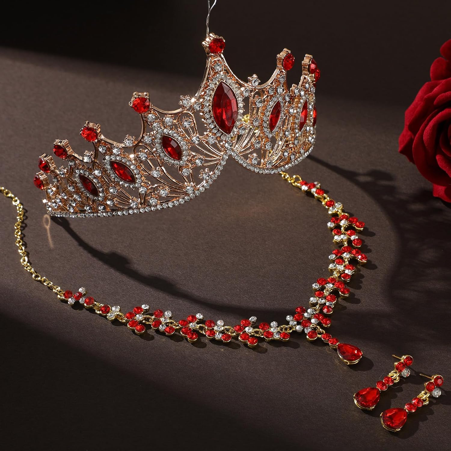 Hicarer Juego de 3 piezas de corona barroca de reina, aretes de tiara, collar, diadema de cristal, tiaras y coronas para mujer, joyería de boda,