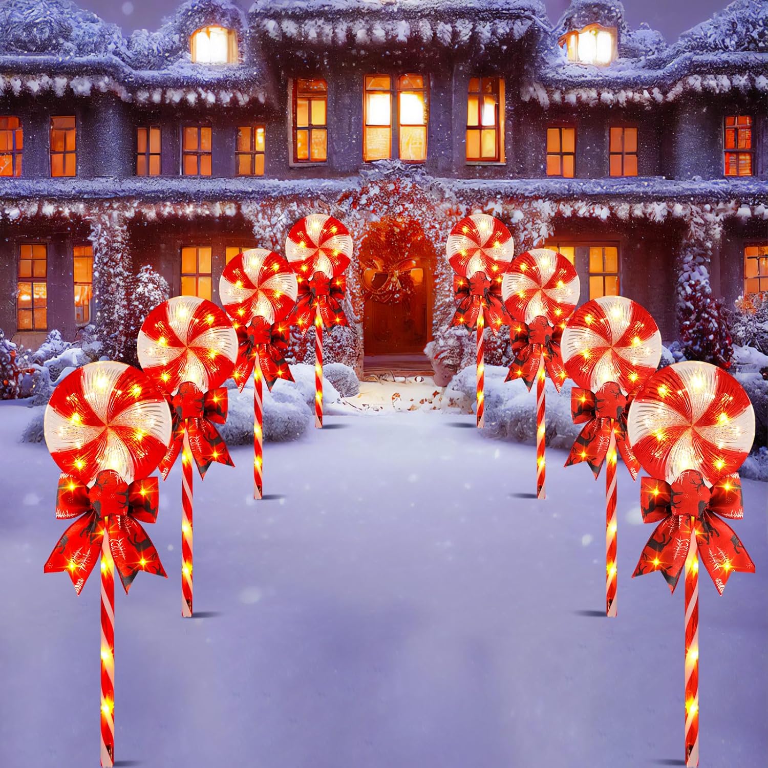 2 juegos de luces de camino de piruleta de Navidad, decoraciones de patio de Navidad, 8 modos, luces LED de marcador, luces de paisaje impermeables