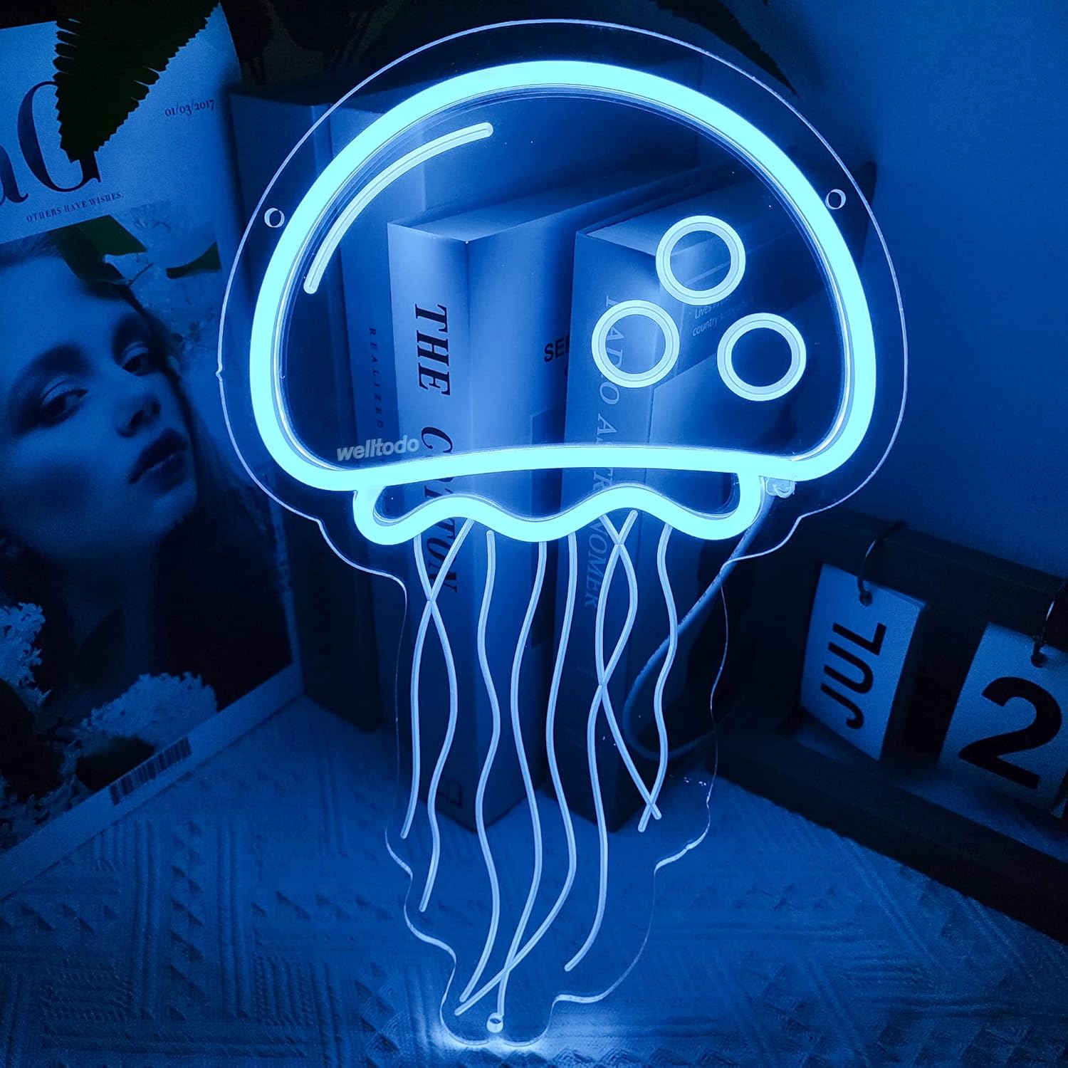 Letreros de neón de medusa, letrero de neón azul hielo frío para decoración de pared, letrero de luz LED de neón para dormitorio de niñas, sala de