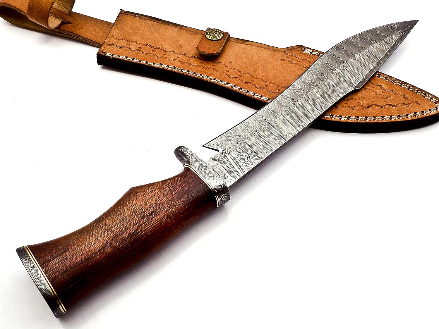 Nooraki – Cuchillo Bowie de acero de Damasco hecho a mano de 15 pulgadas – Cuchillo de caza de hoja fija con mango cómodo de palisandro fuerte para