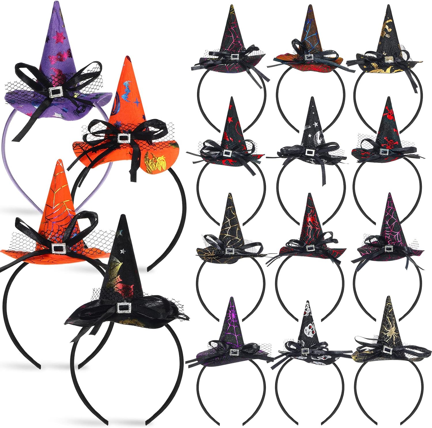 16 piezas de sombrero de bruja de Halloween, diadema para disfraz de bruja, accesorios de telaraña, diadema de calabaza puntiaguda, diadema para