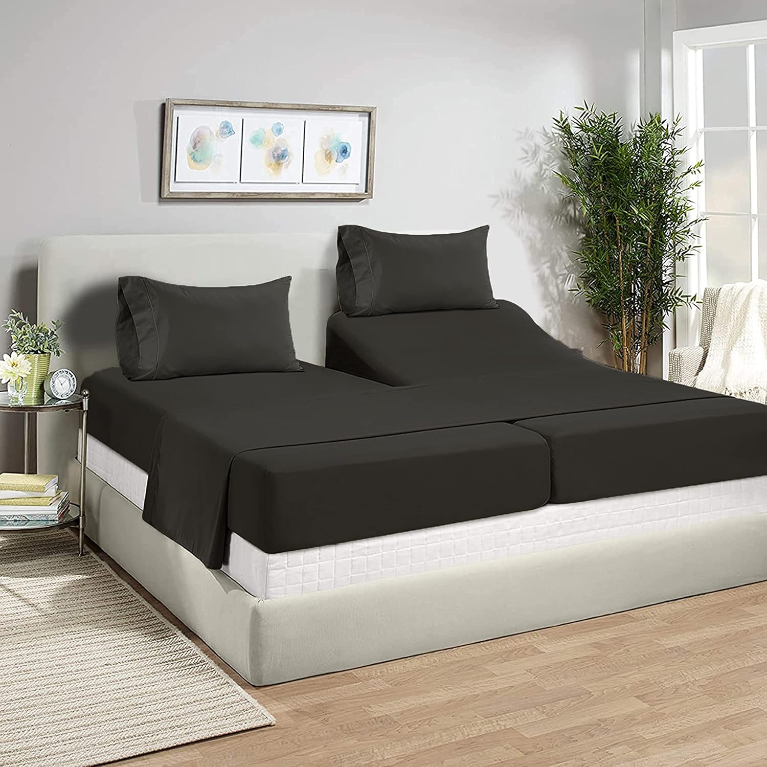 LANE LINEN Sábanas divididas tamaño King para camas ajustables, sábanas a rayas de 1000 hilos, 100% algodón egipcio, tejido satinado, fresco,