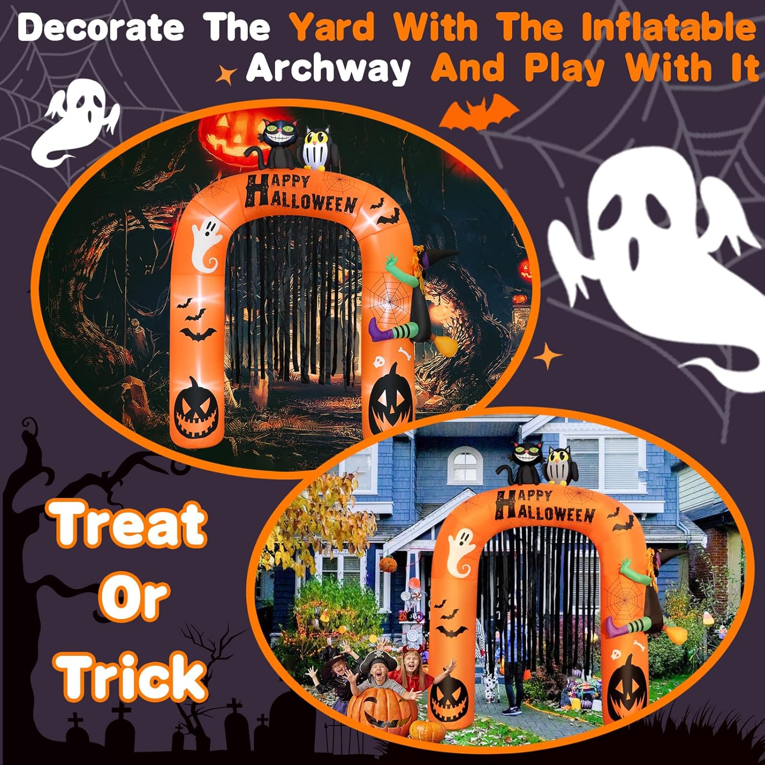 Decoración inflable de arco inflable de Halloween de 9 pies de alto, decoración iluminada de Halloween con gato, búho y bruja en arco, arco inflable