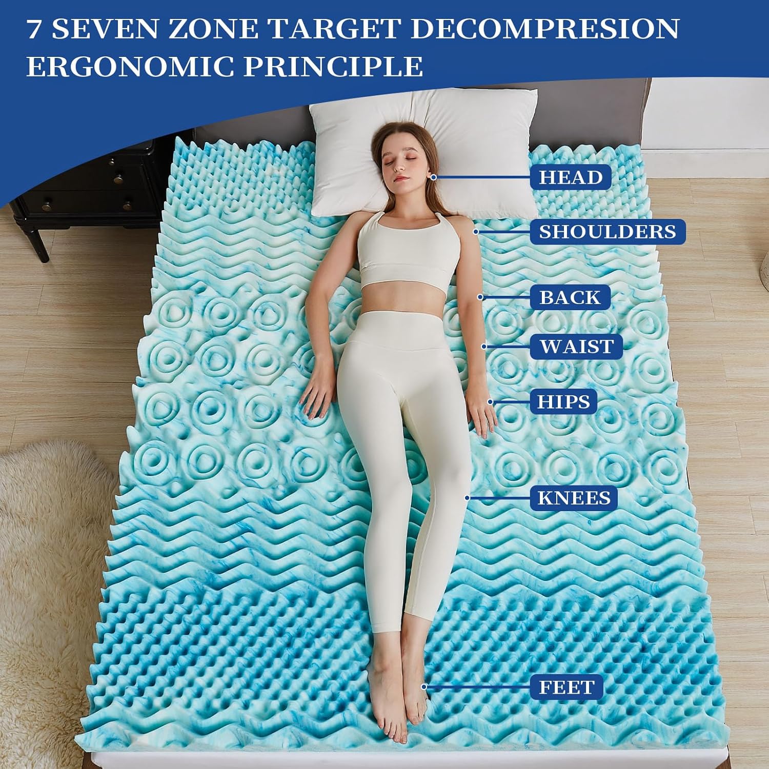 DQZ Cubrecolchón de espuma viscoelástica de 3 pulgadas, tamaño individual XL, 7 zonas, protector de colchón de espuma con infusión de gel