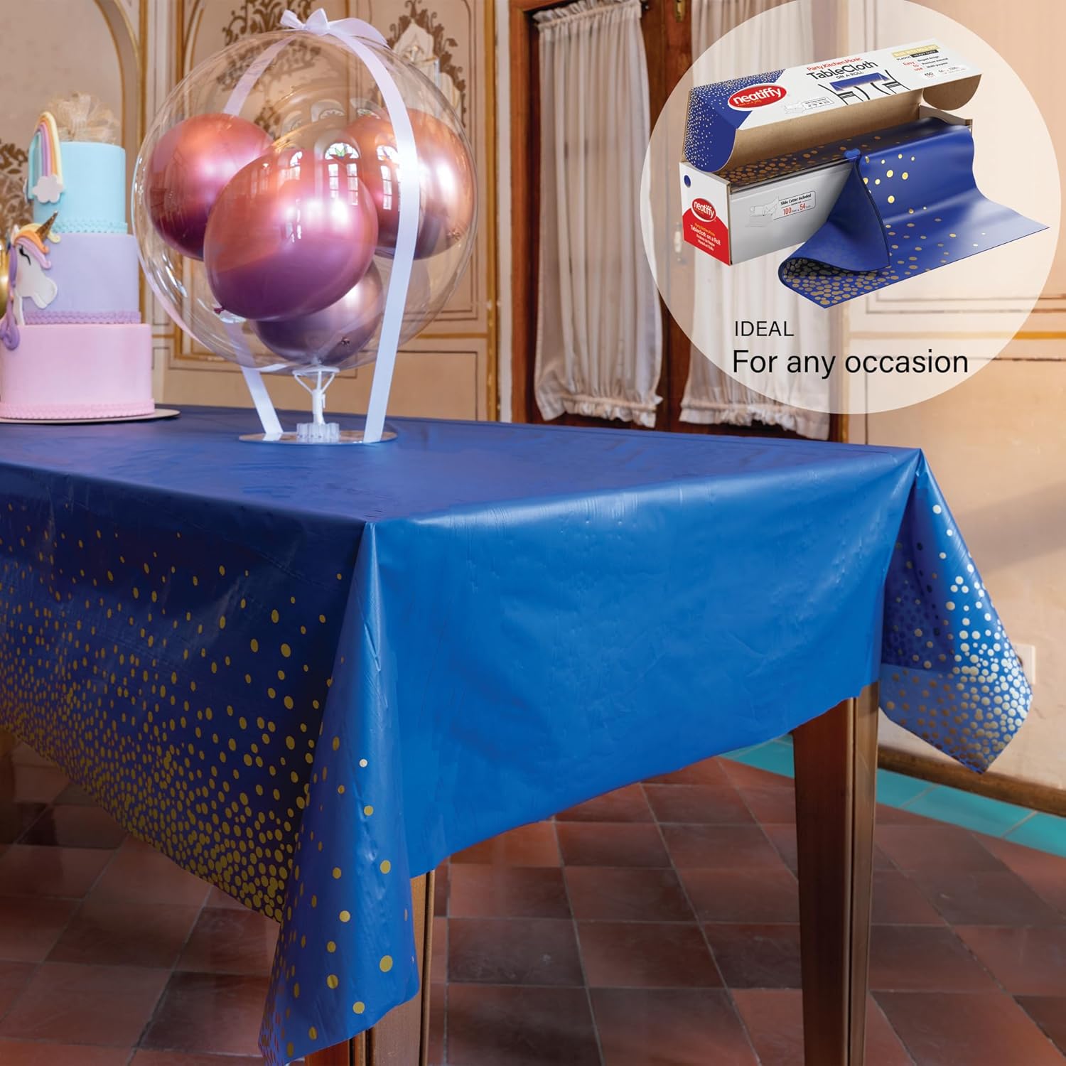 Neatiffy Rollo de mantel de plástico desechable con cortador deslizante  Cubierta impermeable para mesas de todo tipo y formas  picnic, fiesta,