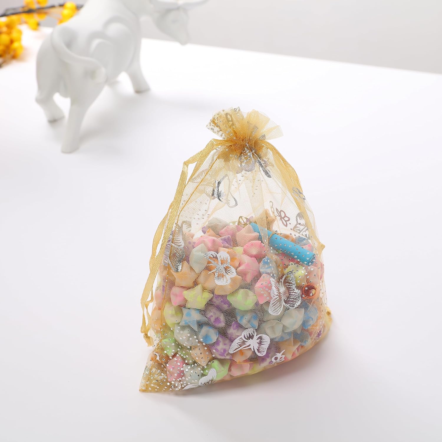 J&Rey Home – 100 bolsas de regalo de organza con diseño de mariposa, bolsa para dulces, bolsa con cordón para regalos de boda (5 x 7 pulgadas,