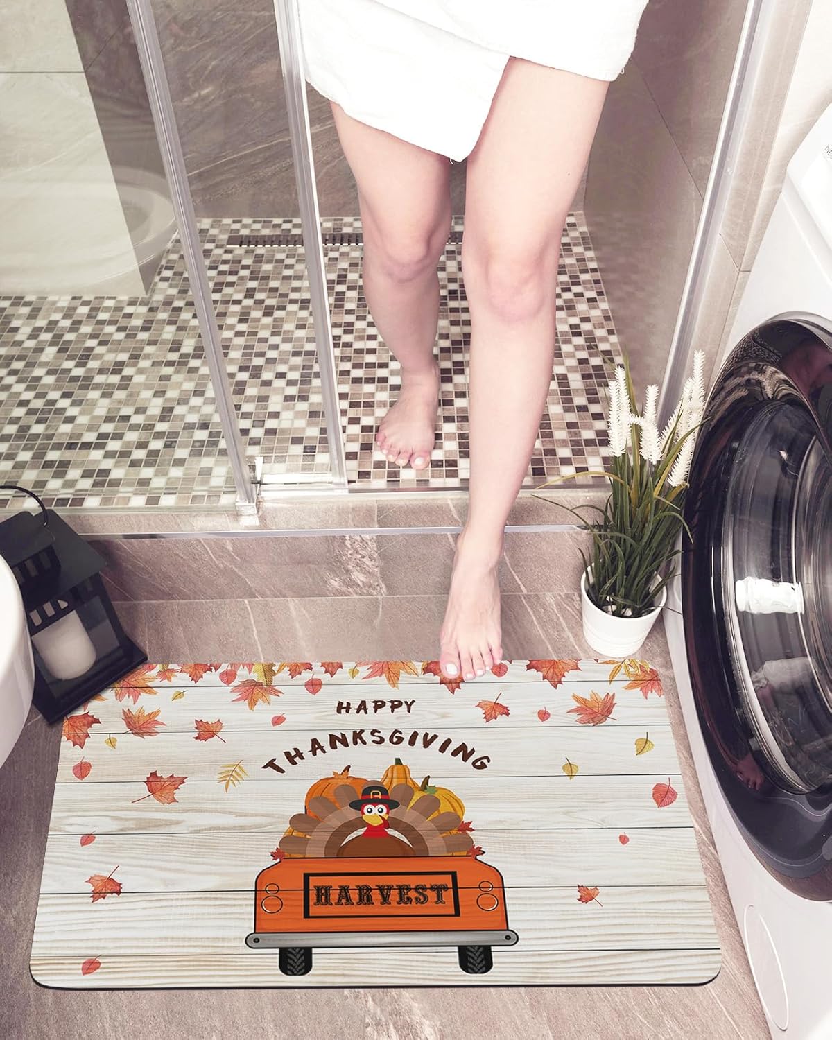 Bath Mat,Happy Thanksgiving Farm Truck Turkey Pumpkin Maple Leaf Wooden Harvest Indoor Door Thin Mat Absorbent Bathroom Quick Dry Rug Entrance Non