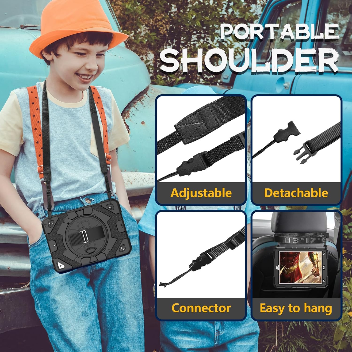 SEYMAC Funda para iPad de 987 generación, funda de cuerpo completo a prueba de golpes con protector de pantalla, correa de mano giratoria de 360 y