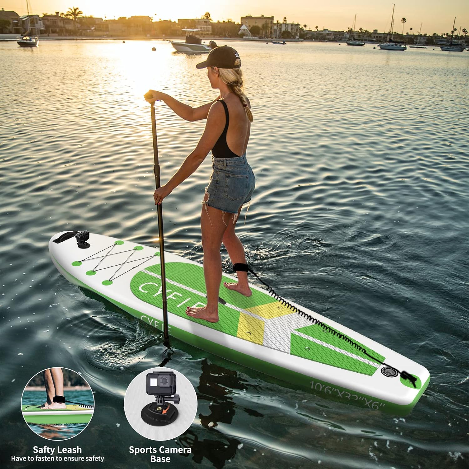 CYFIE Tabla de remo inflable para adulto, tabla de remo de pesca de 10.6 pies con asiento de kayak, accesorios de SUP, bomba, 4 remos, mochila,