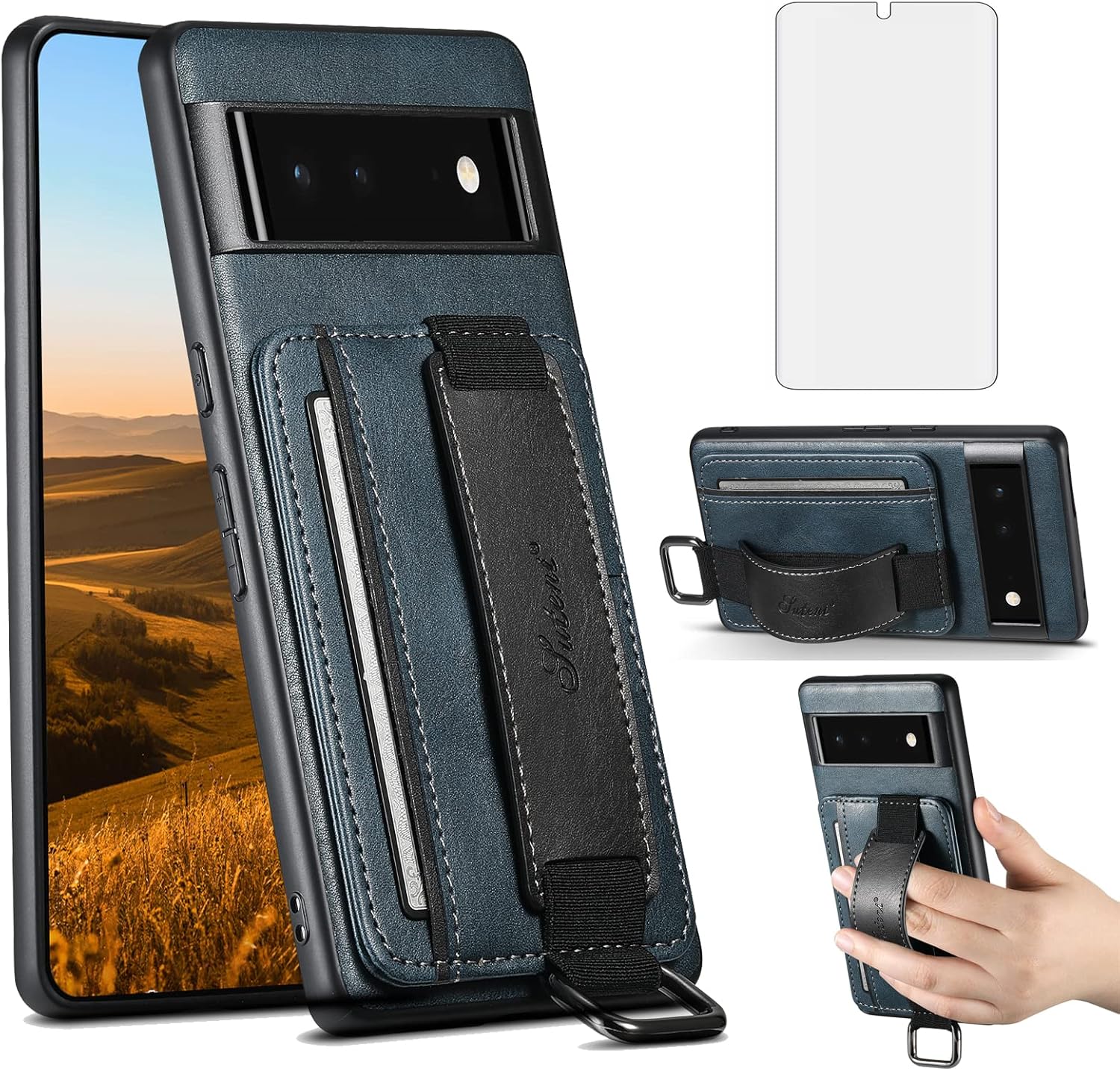 Asuwish Funda de teléfono para Google Pixel 6A 5G 2022 con protector de pantalla de vidrio templado y soporte delgado para tarjeta de crédito,