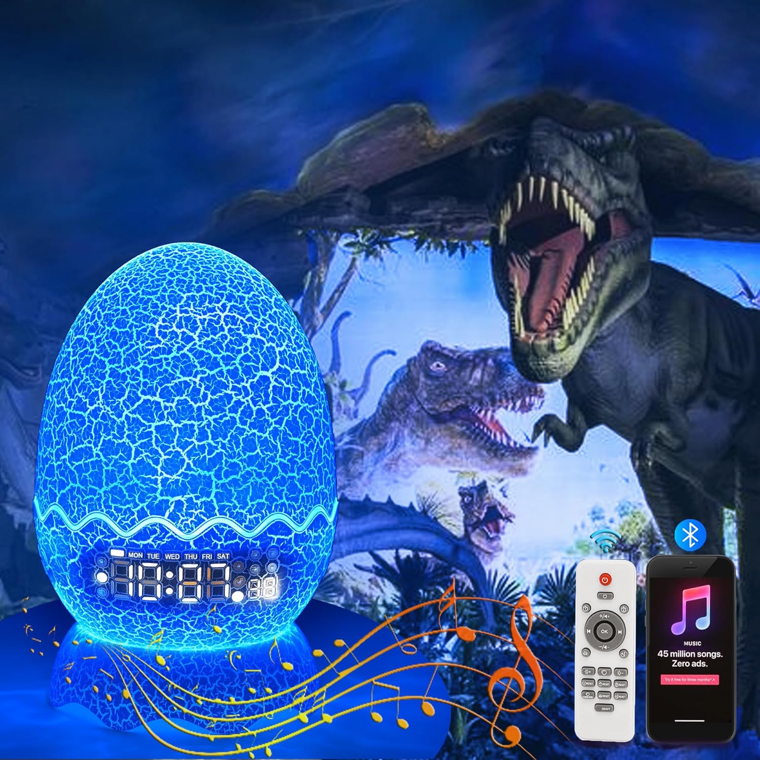Luces nocturnas musicales de dinosaurio, reloj despertador de huevo de dinosaurio para niños, altavoz Bluetooth y ruido blanco Mahine para bebé,