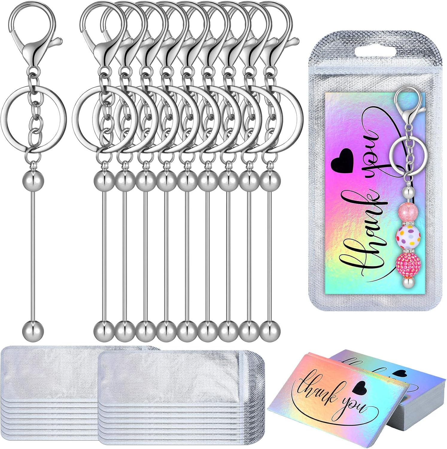 Kits de llaveros con cuentas, barras de llavero con cuentas, bolsa resellable, tarjetas de agradecimiento para manualidades, fabricación de joyas