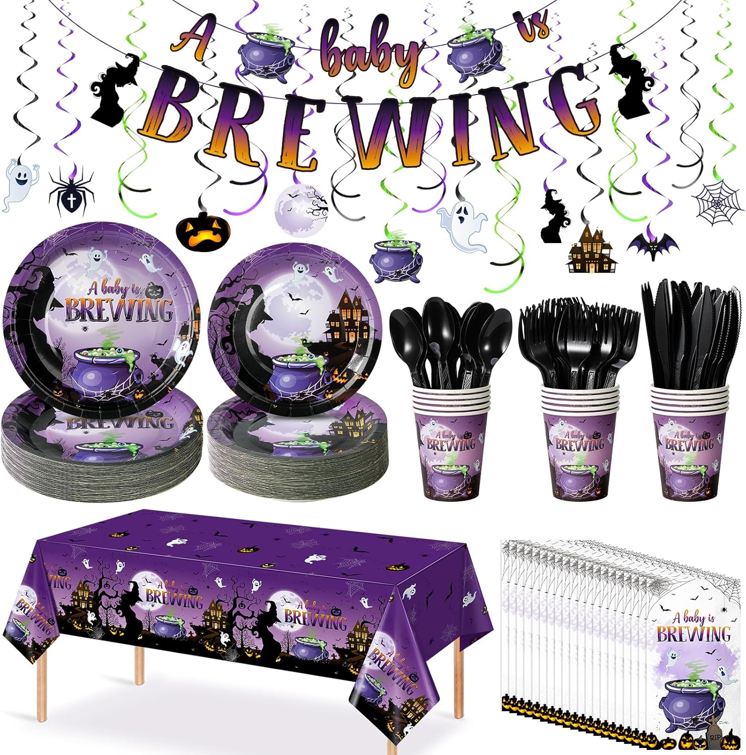 Decoraciones de fiesta de baby shower de Halloween, platos y servilletas de baby shower, mantel desechable, platos de papel, servilletas, vasos,