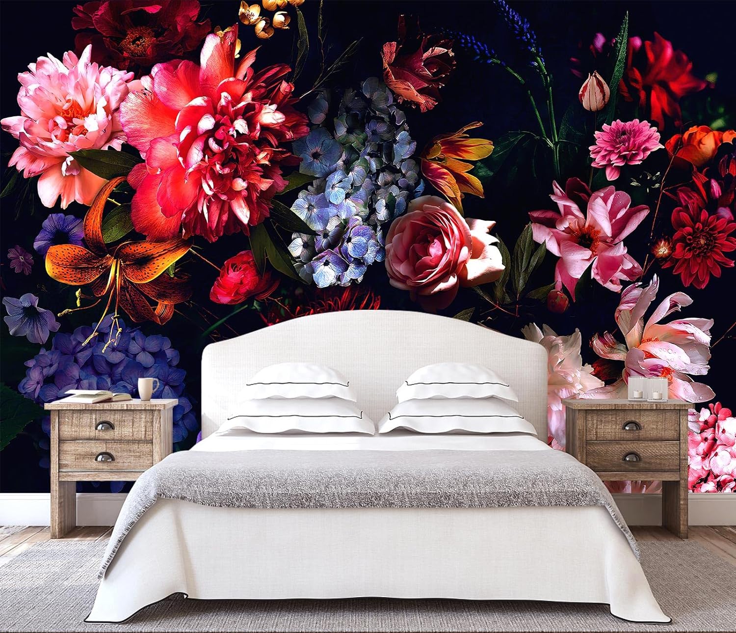 Papel pintado floral oscuro, acuarela, rosa y azul, para dormitorio (no se puede despegar ni pegar)
