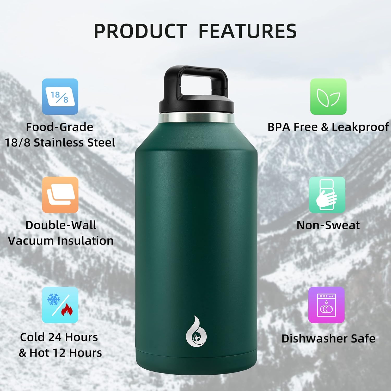 BJPKPK Botella de agua de medio galón aislada, apta para lavavajillas, botella de agua de 64 onzas con asa, a prueba de fugas, sin BPA, botella de