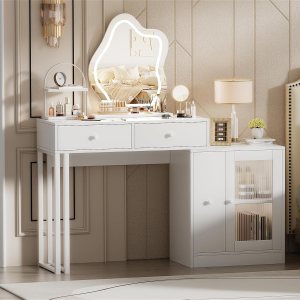 PAKASEPT Escritorio de maquillaje con espejo y luces, mesa de maquillaje con mucho almacenamiento, 3 modos de iluminación, brillo ajustable, tocador PAKASEPT Escritorio de maquillaje con espejo y luces, mesa de maquillaje con mucho almacenamiento, 3 modos de iluminación, brillo ajustable, tocador