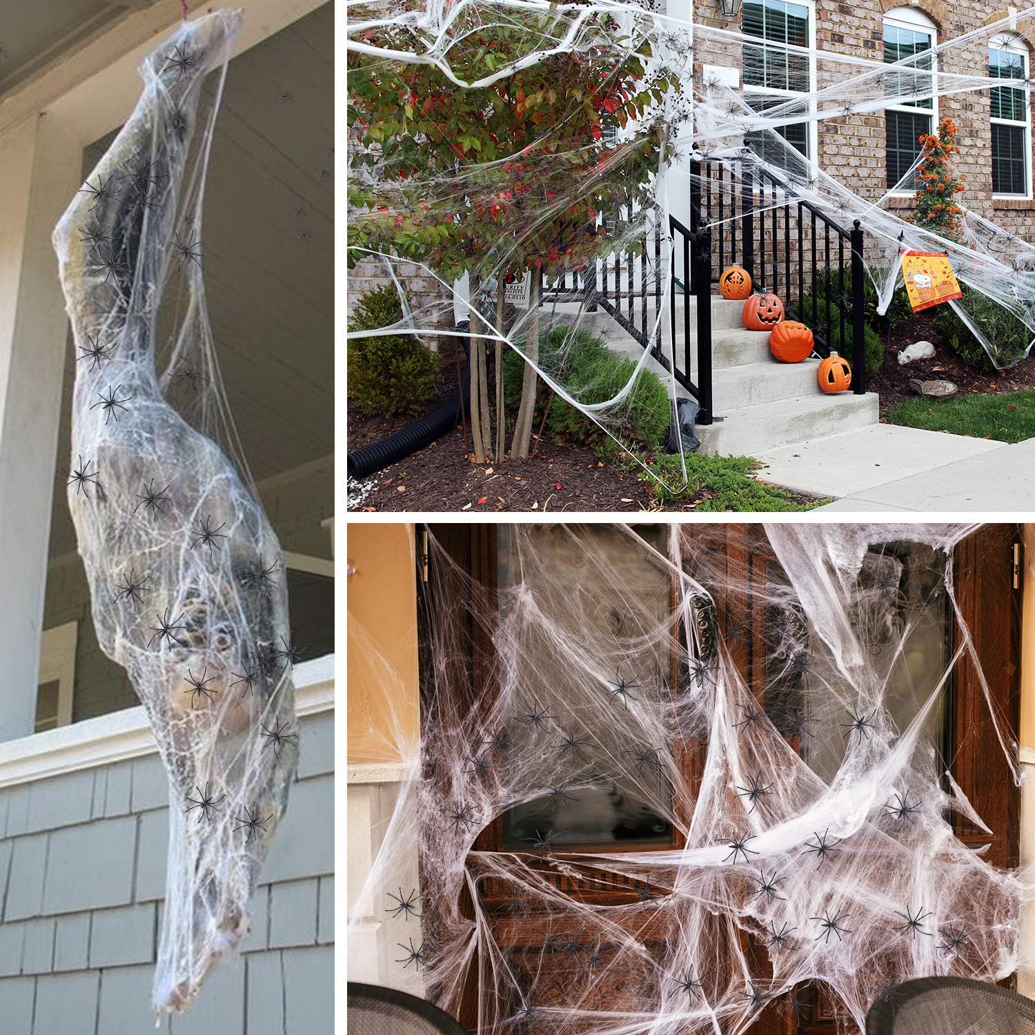 Decoraciones de telaraña de Halloween de 1000 pies cuadrados con 100 arañas falsas, telarañas súper elásticas, decoración de telarañas embrujadas,