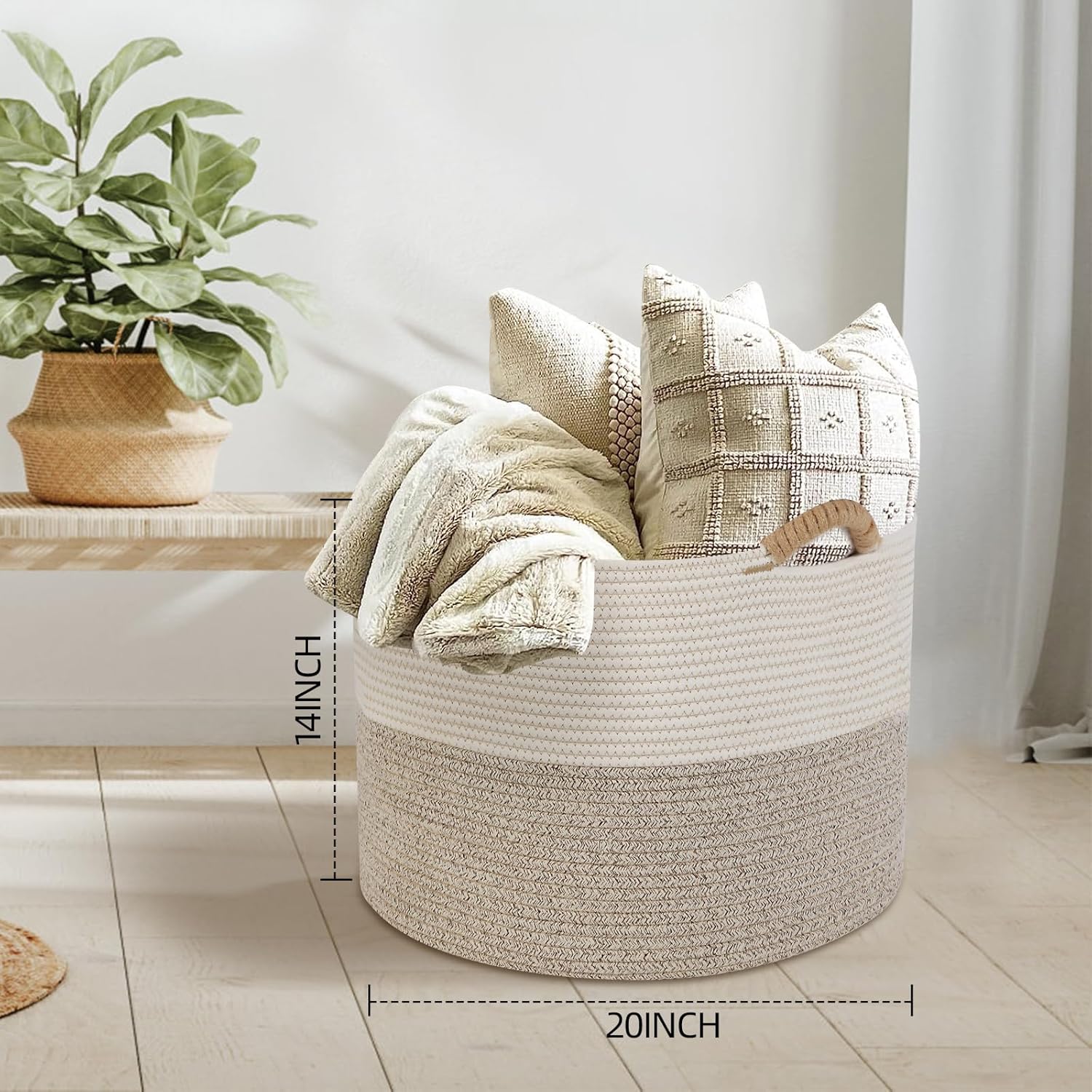 POSH PEAK – Cesta de almacenamiento de cuerda de algodón tejida grande de 68 litros de 20 x 14 pulgadas, cesta de almacenamiento de cuerda de