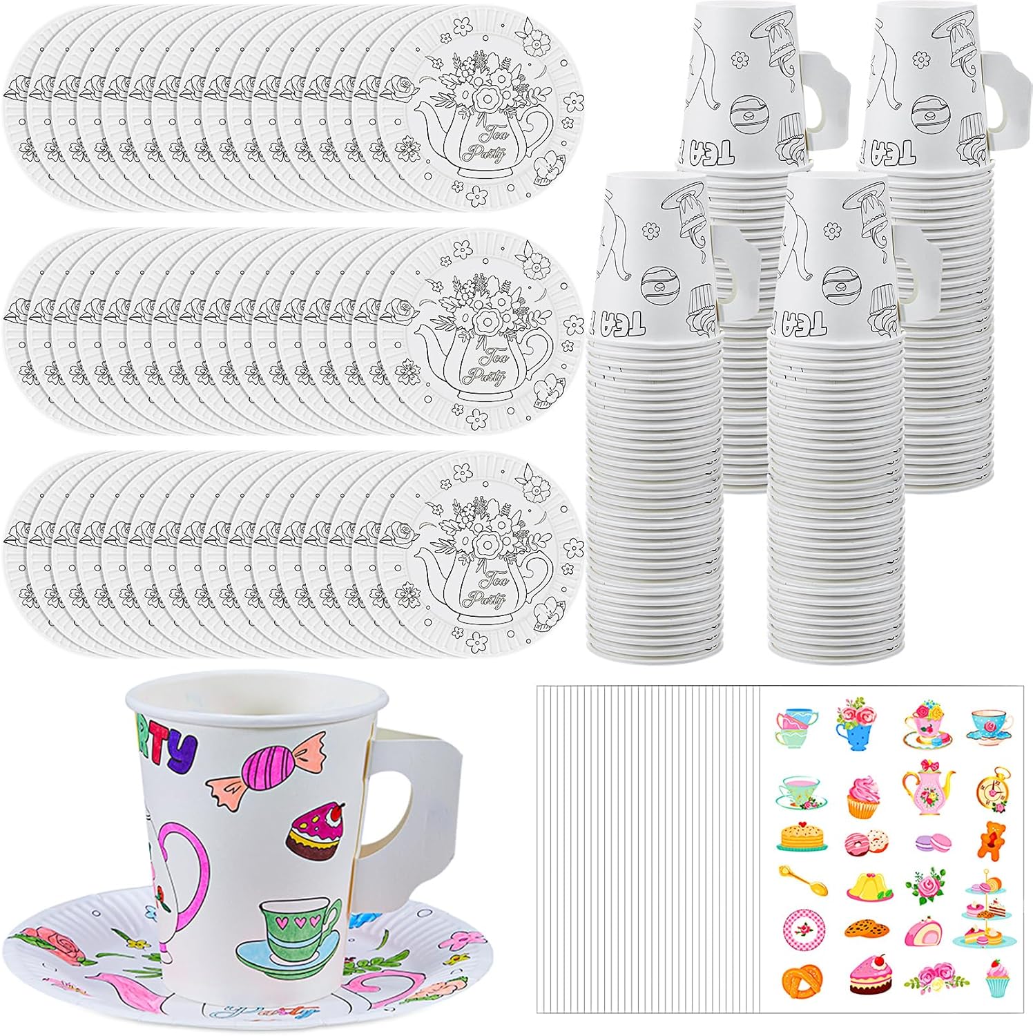 Tazas de té de papel con asa, tazas desechables para colorear para niños, tazas de té y platos de papel floral, calcomanías para fiestas de té,