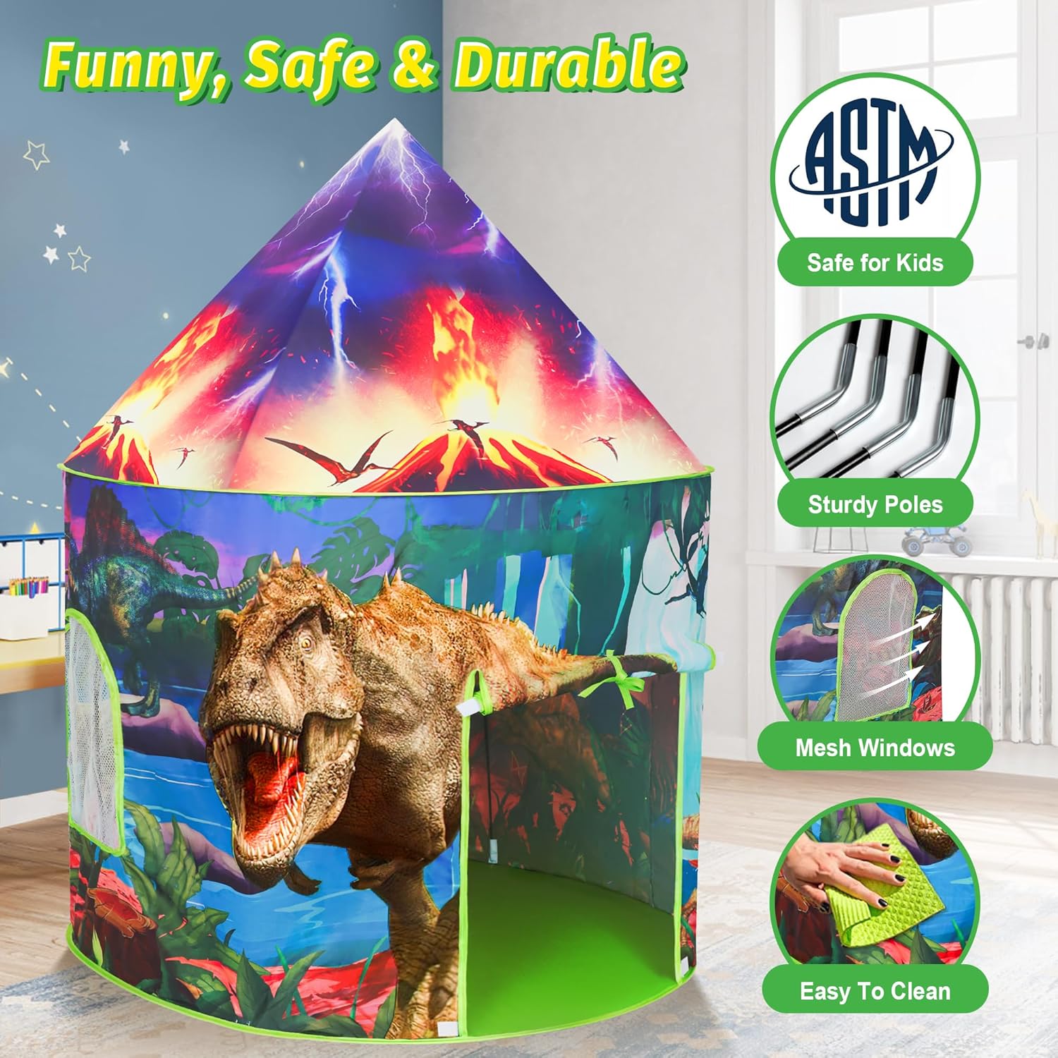 HopeRock Tienda de campaña para niños con botón de rugido, tienda de campaña de dinosaurio para niños y niñas con juguetes de dinosaurio para niños