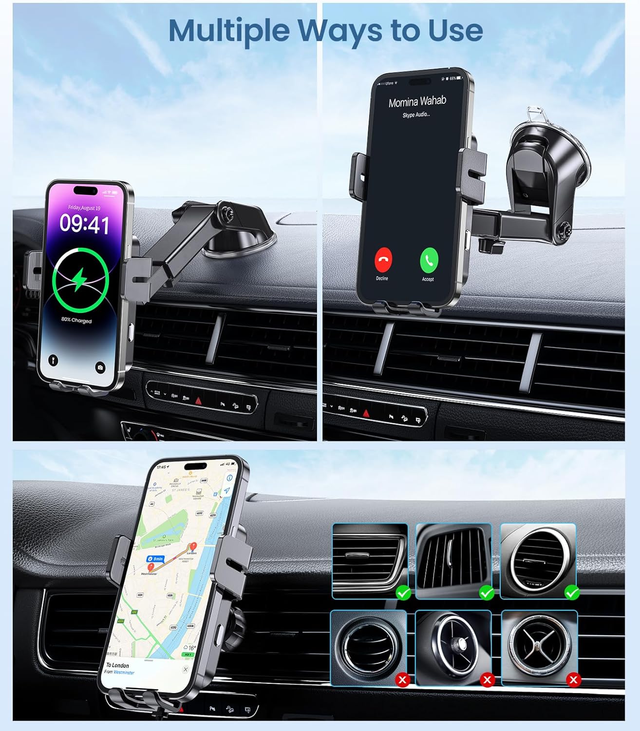 MOKPR – Cargador inalámbrico para automóvil, soporte de brazo largo 3 en 1 para automóvil, 15 W, sujeción automática, para salpicadero, parabrisas,