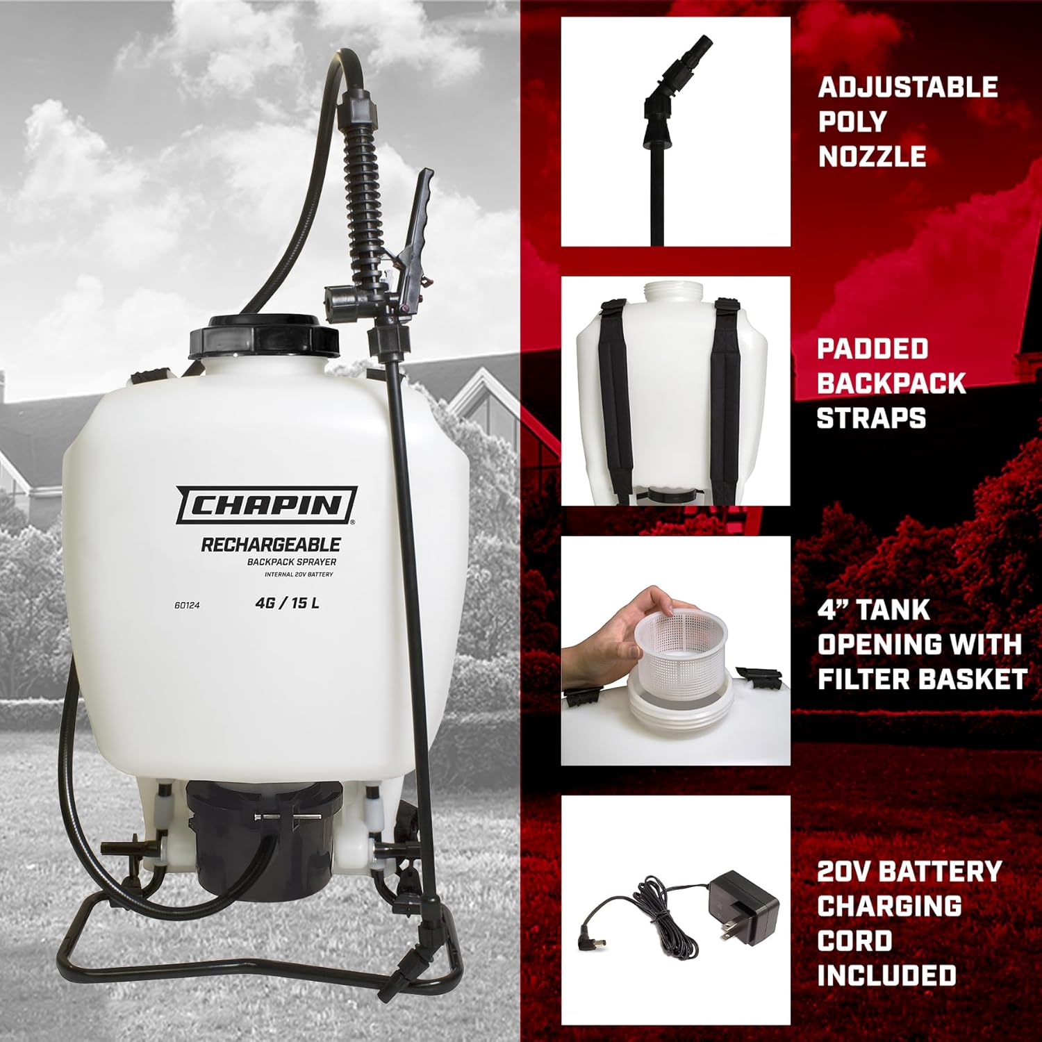 Chapin 60124 Rociador de mochila recargable con batería interna multiusos de 4 galones, blanco translúcido, tanque de polietileno