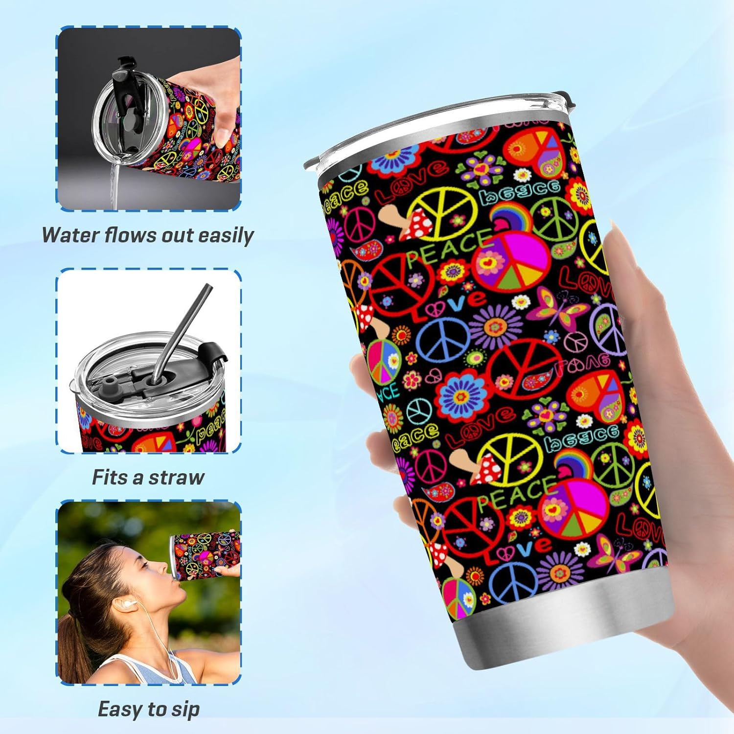 Taza aislada de acero inoxidable con diseño de arcoíris y texto en inglés “Peace Love” de 20 onzas, a prueba de fugas, reutilizable, con tapa y