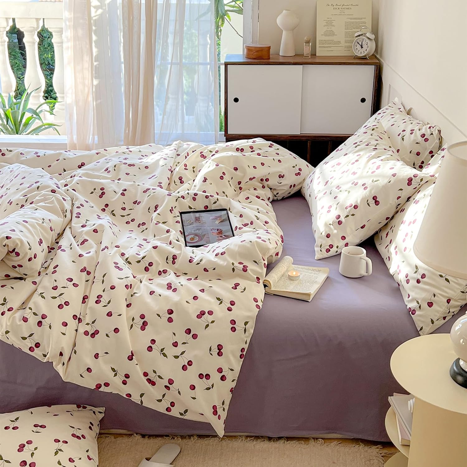 VM VOUGEMARKET Juego funda de edredón con estampado de cerezo para niñas, tamaño Queen, con 2 fundas de almohada, 100% algodón, de frutas para niñas