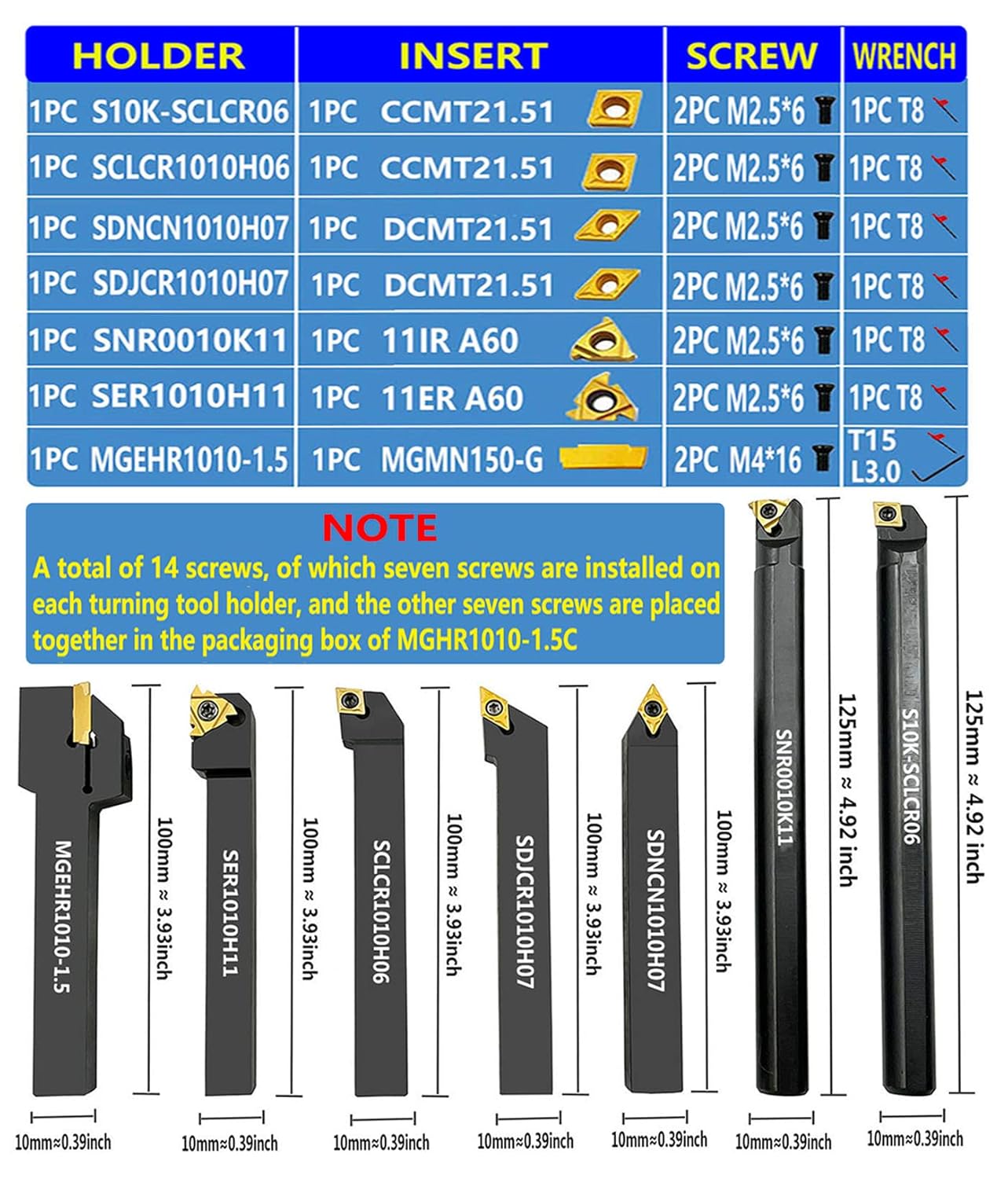 ASZLBYM 38″ 10mm Shank Indexable Carbide Lathe Turning Tool Holder Set Cutting Tools for Turning Grooving Threading Boring Bar with Carbide Turning