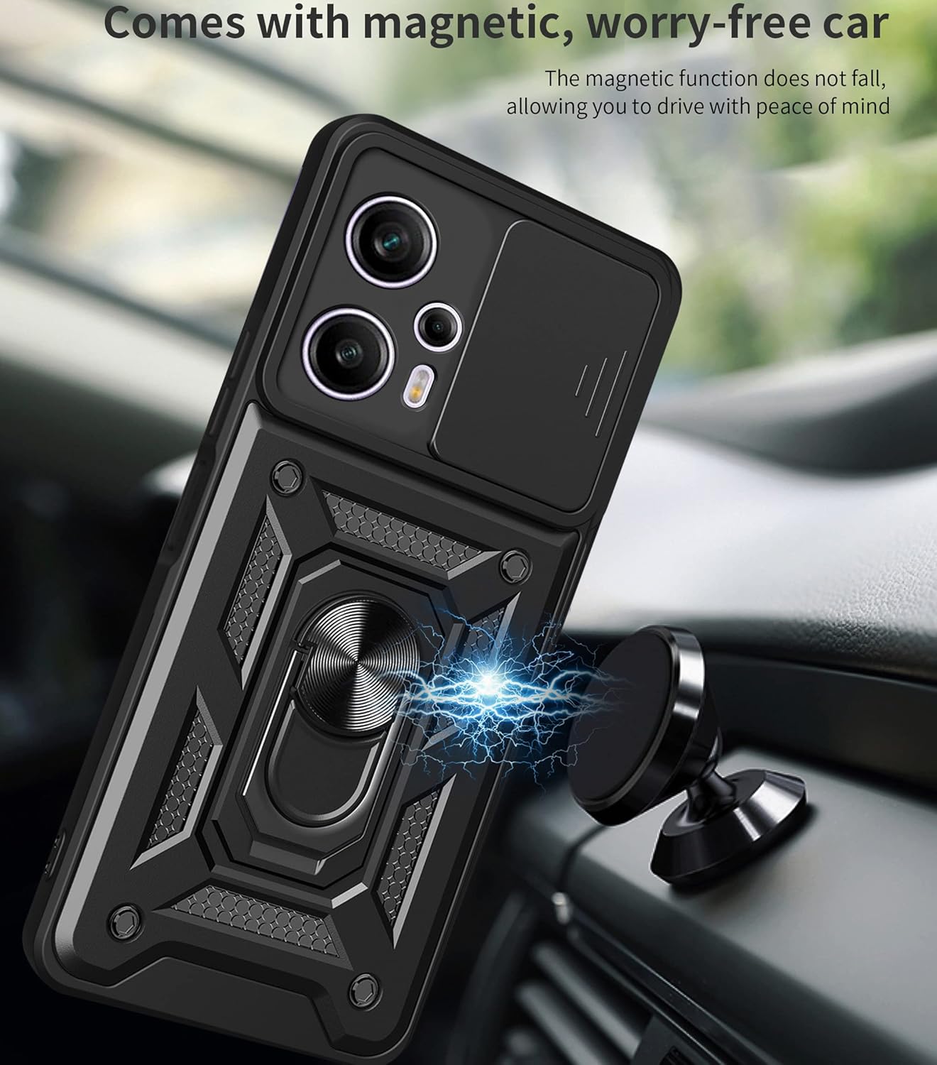 Ysnzaq Funda para Xiaomi Poco F5 5GRedmi Note 12 Turbo, resistente a prueba de golpes lente protectora cubierta del teléfono con soporte magnético