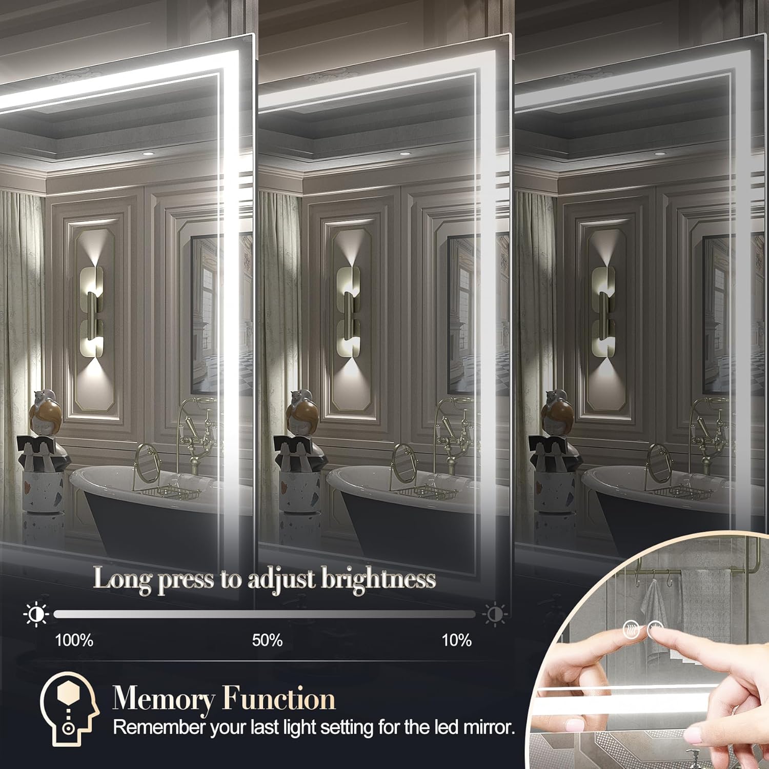 OKPAL Espejo de baño LED de 40 x 36 pulgadas para pared, espejo de baño iluminado con luz frontal regulable, antivaho, a prueba de roturas,
