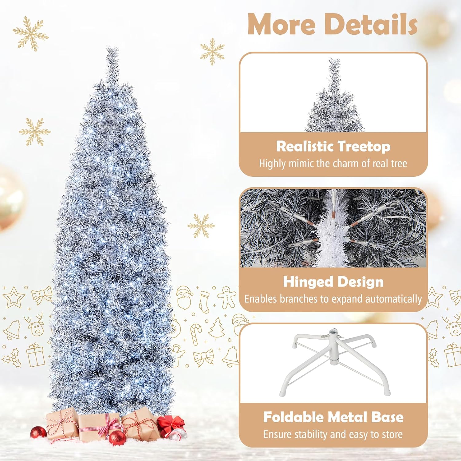 HAPPYGRILL Árbol de Navidad artificial preiluminado de 6 pies, árbol de Navidad con bisagras con 475 puntas de rama, 250 luces LED blancas frías,