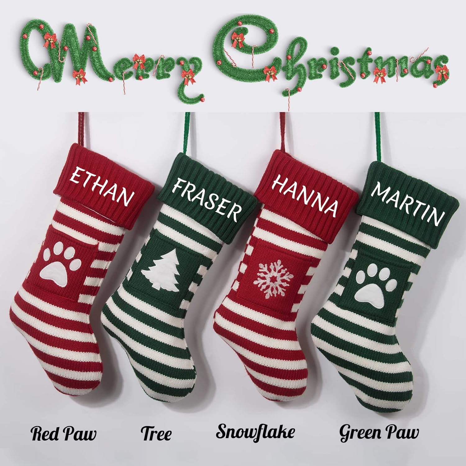 Calcetines de Navidad de punto personalizados con nombre, árbol de Navidad, copo de nieve, pata de copo de nieve, juego de medias de punto de aguja