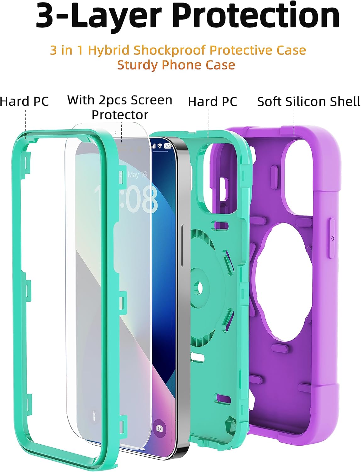 KCJ Funda compatible con iPhone 13 y iPhone 14 con 2 protectores de pantalla, protección contra caídas de grado militar, funda protectora a prueba
