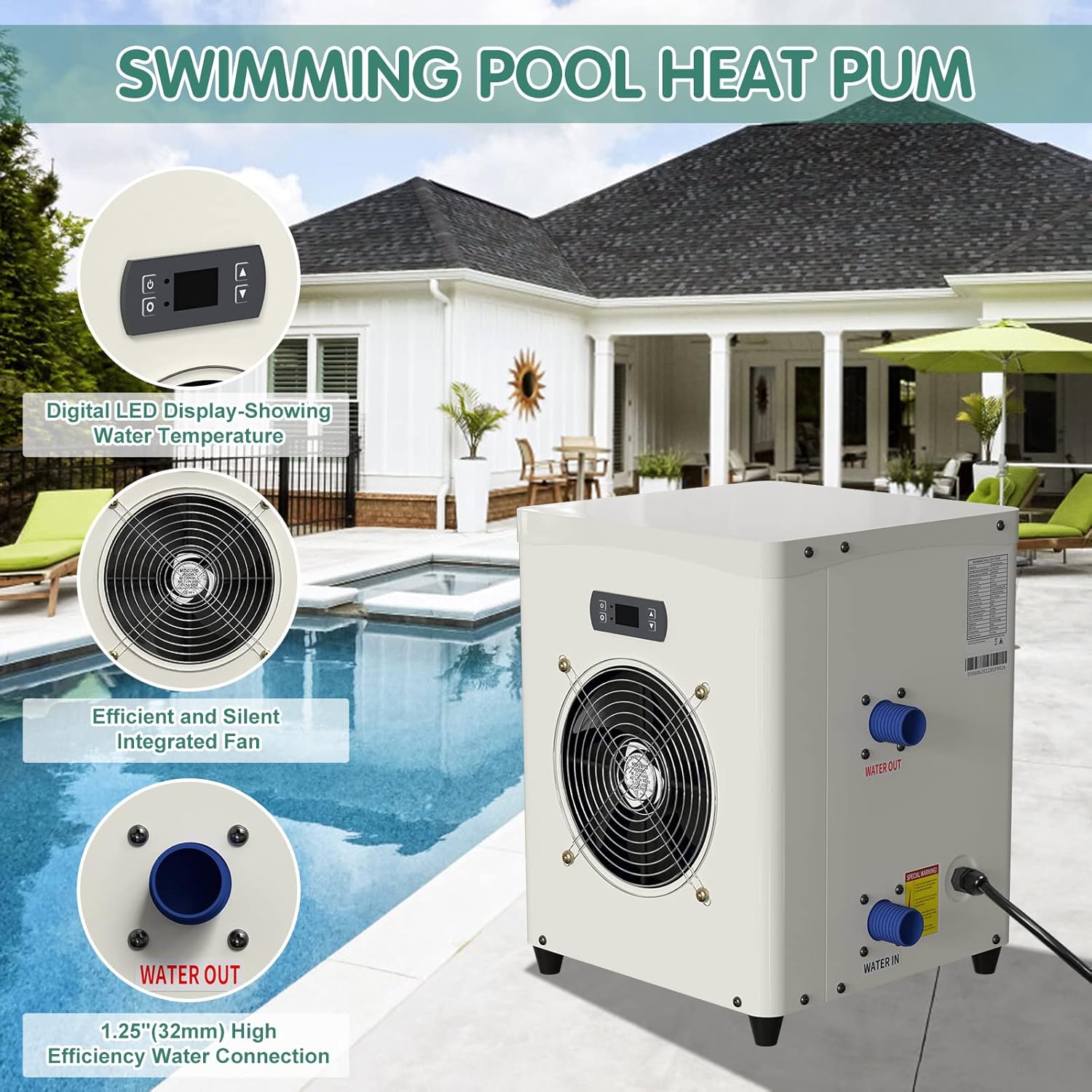 ABORON – Calentador de agua para piscinas sobre el suelo, bomba de calor de piscina, 14300 BTUh, hasta 2300 galones, 110V  120V60Hz