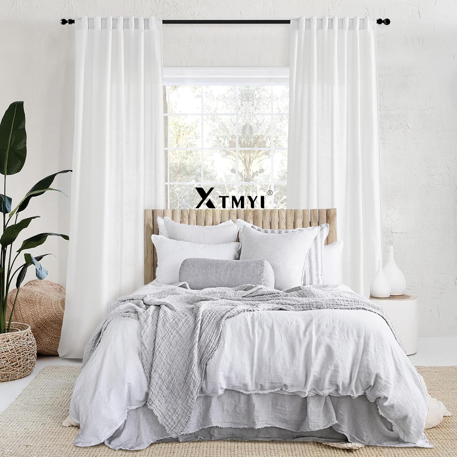 XTMYI Cortinas blancas de 90 pulgadas de largo para sala de estar, juego de 2 paneles con cinta de gancho y pestaña trasera, cortinas de lino para