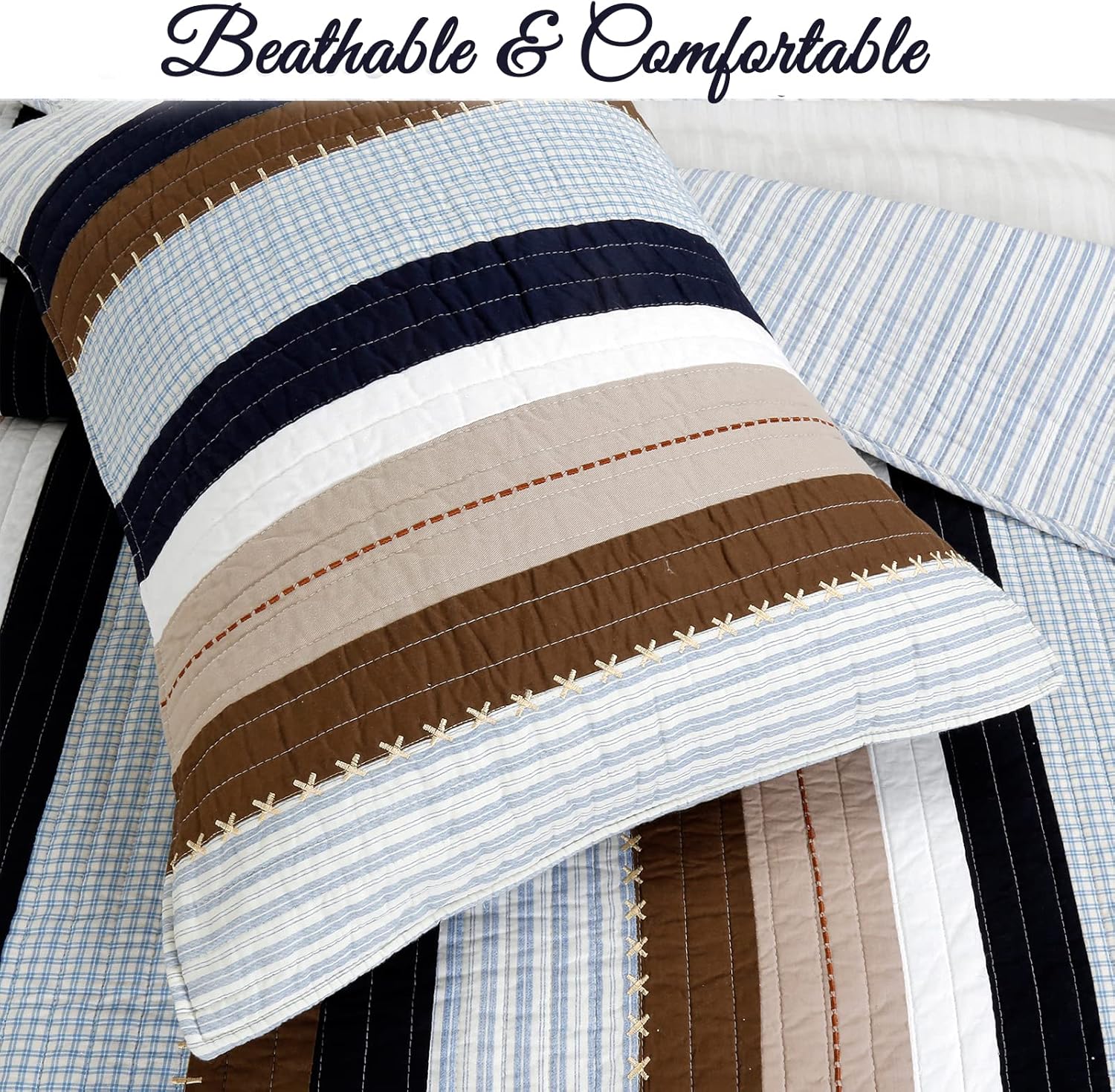 Cozy Line Home Fashions Juego de ropa de cama reversible de 100 % algodón, a cuadros, color marrón marino, colcha para todas las estaciones (Nathan