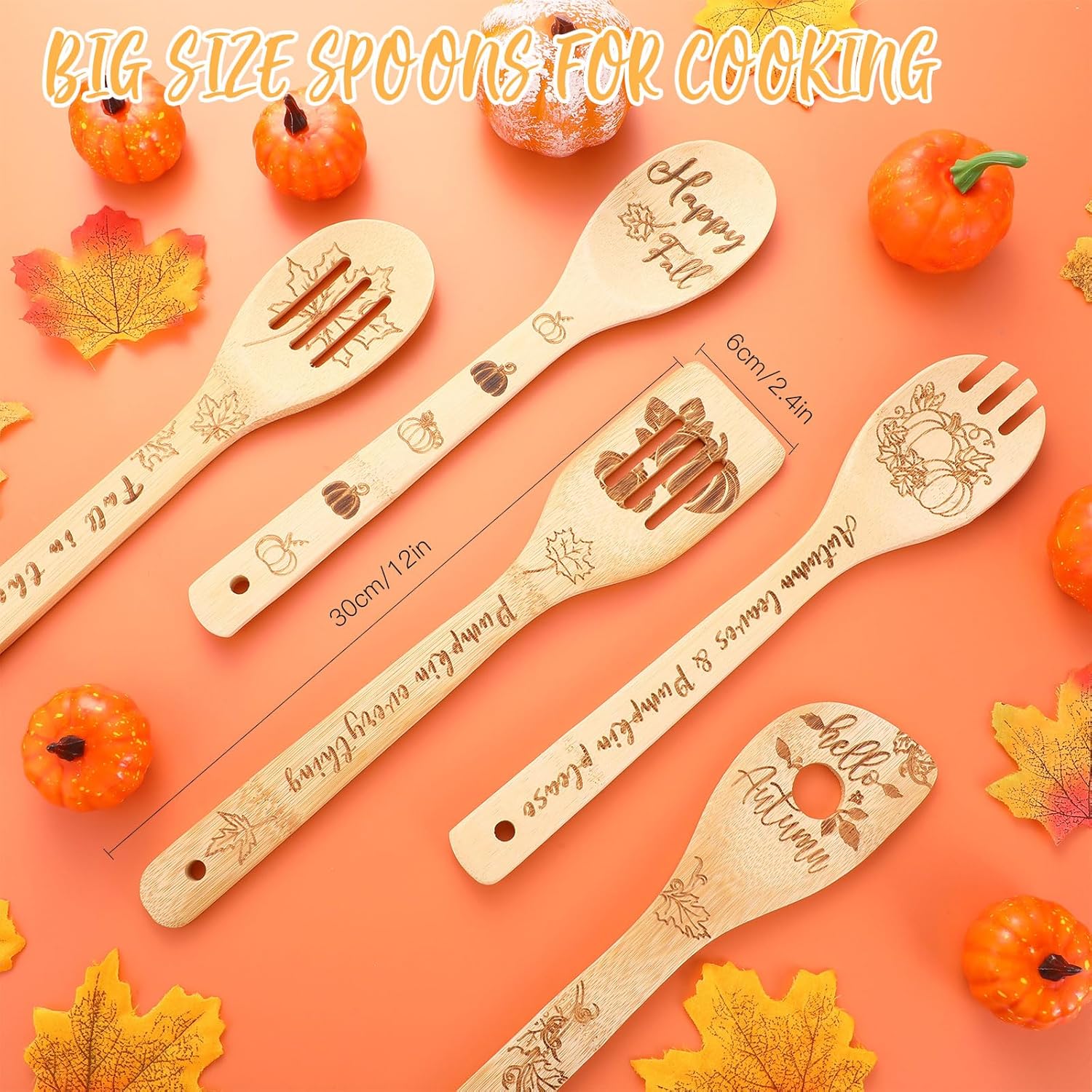Juego de decoración de cocina de otoño de 7 piezas, incluye 2 toallas de cocina de otoño divertidas y 5 cucharas de madera, utensilios de bambú,