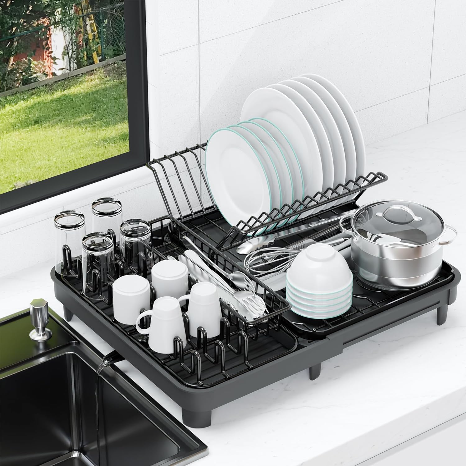 YEPATER Escurridor de platos extensible, escurridor de platos grande con escurridor, soporte para tazas, organizador de cajones de cubiertos,