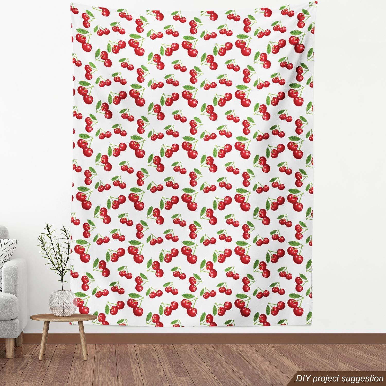 Ambesonne The Yard, tela de frutas de diseño de cerezas, frutas frescas de verano, verde jardín, macro impresión digital, tela decorativa para