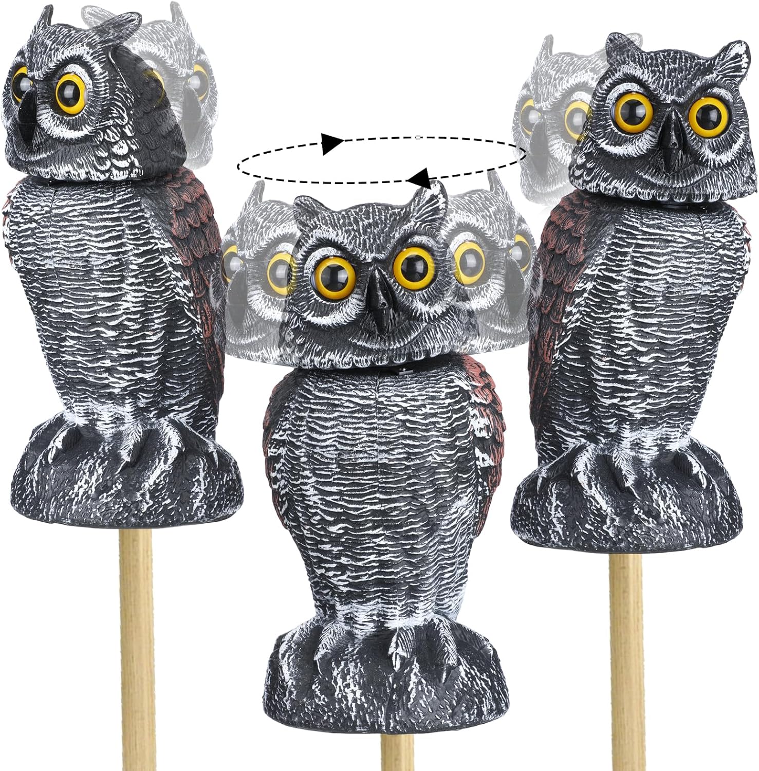 Paquete de 3 señuelos falsos de búho para asustar a los pájaros, cabeza giratoria de plástico, búho disuasorio, estatuas de espantapájaros para