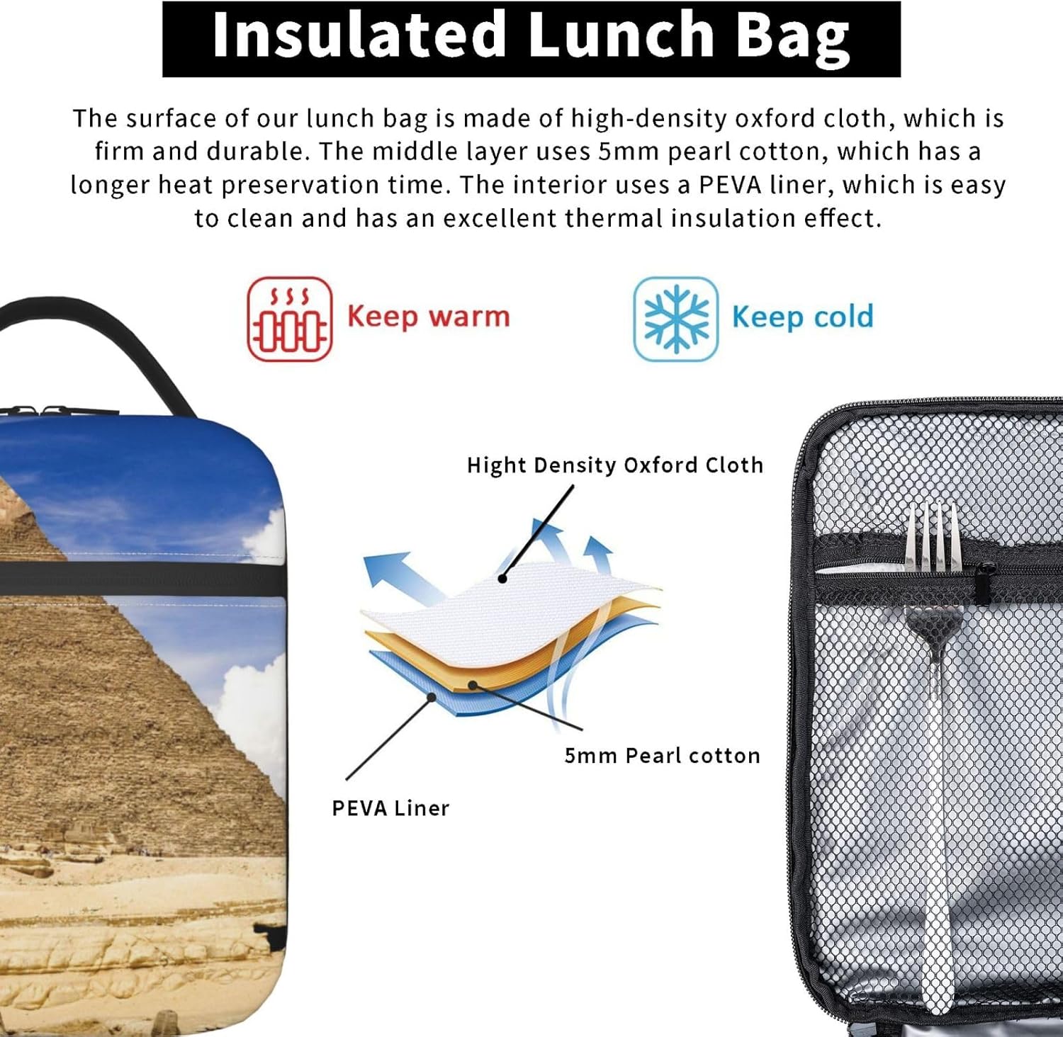 Bolsa de almuerzo para mujeres y hombres, bolsa de mano aislada, pirámides de Egipto, lonchera con bolsillo lateral para picnic de trabajo