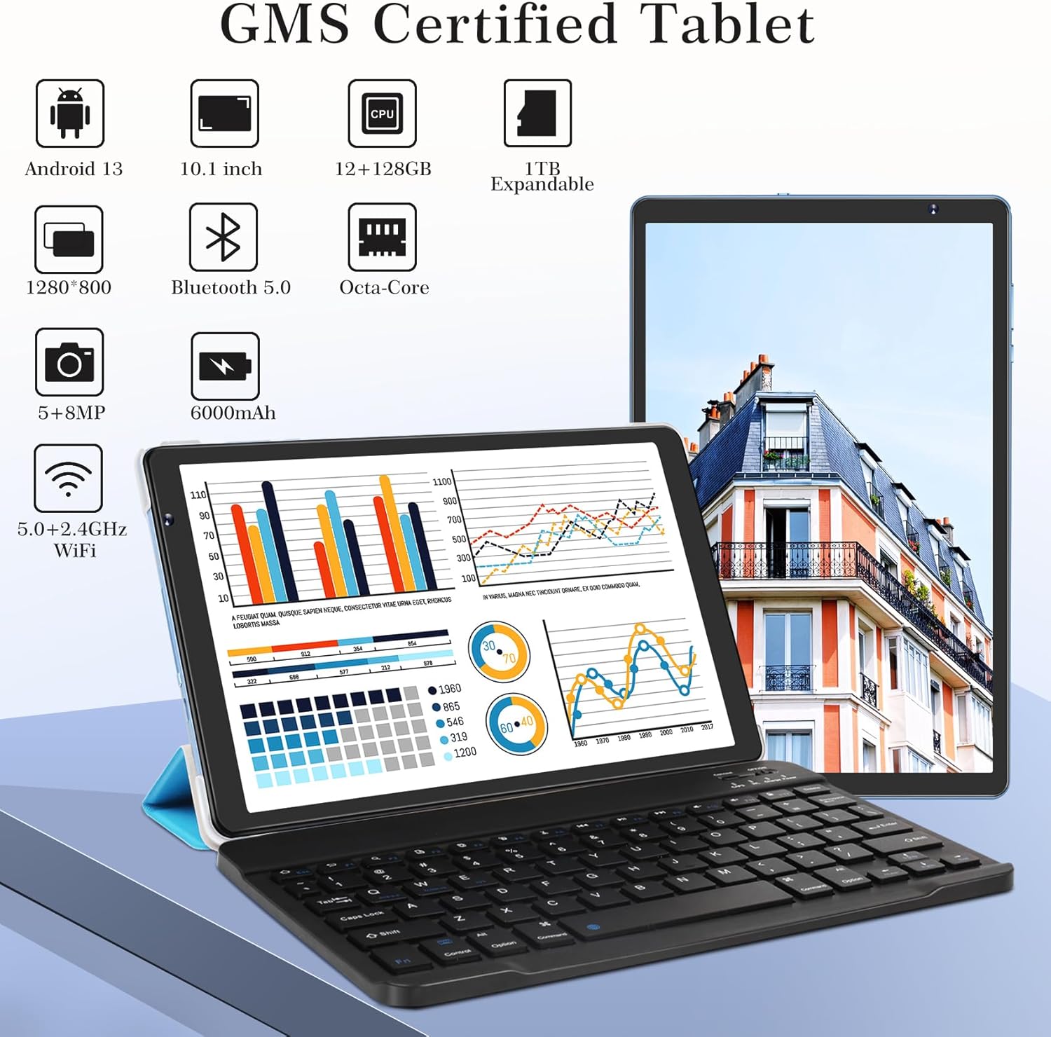 Tablet PC Android 13 de 10 pulgadas 12 GB de RAM + 128 GB ROM TF 1 TB Octa-Core 2.0 GHz, Google GMS  Bluetooth 5.0  5G WiFi  6000mAh  1280 * 800