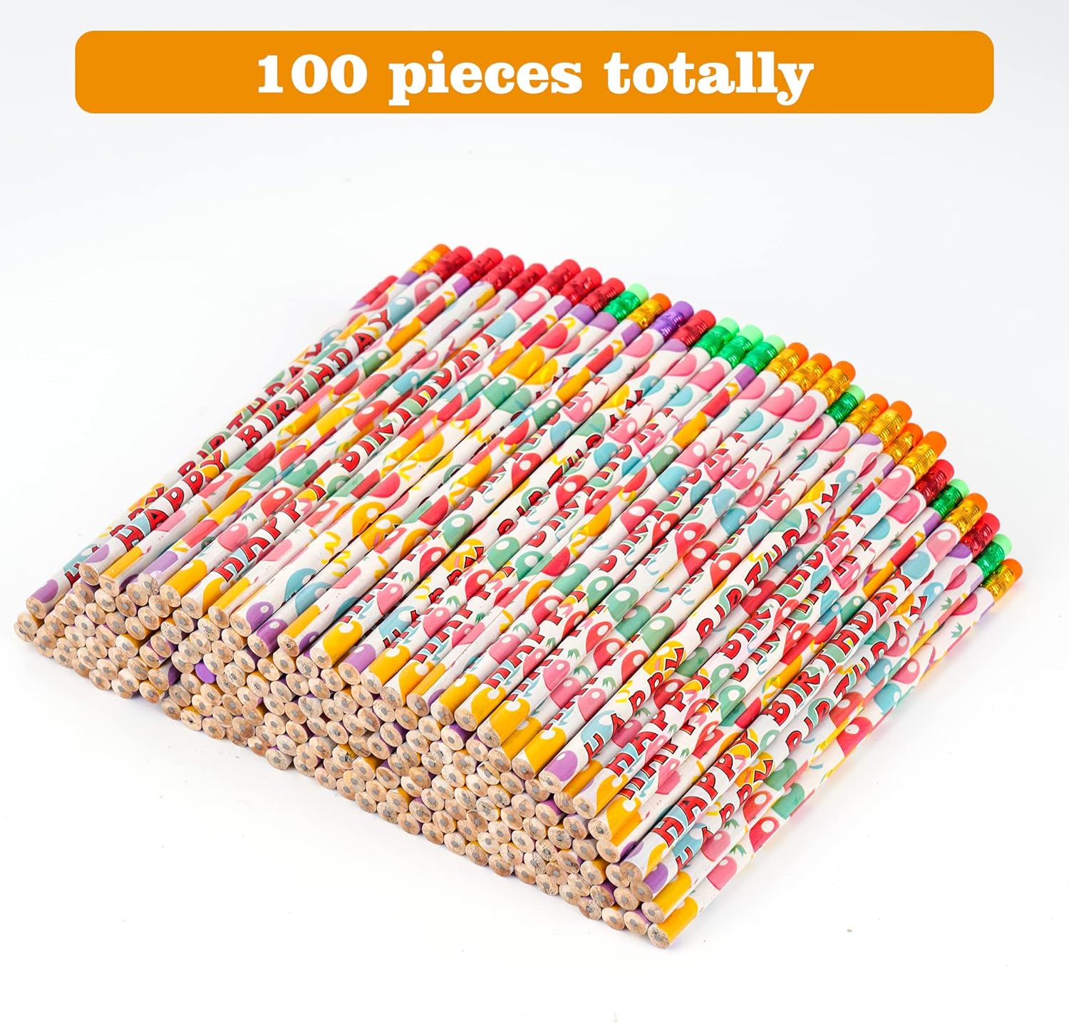 Kolewo4ever 100 lápices de feliz cumpleaños, lápices de cumpleaños estampados coloridos para estudiantes, feliz cumpleaños, maestros, aula con