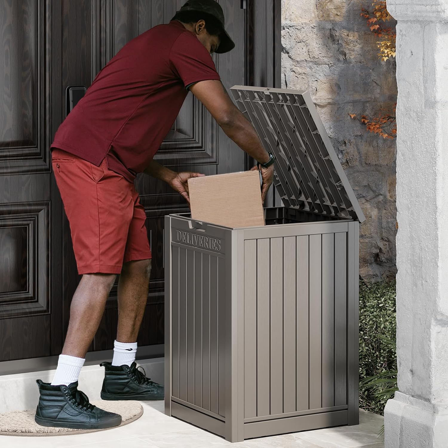 Caja de entrega de paquete de 48 galones para porche, caja de almacenamiento con cerradura segura, gran resina de doble pared para exteriores y caja
