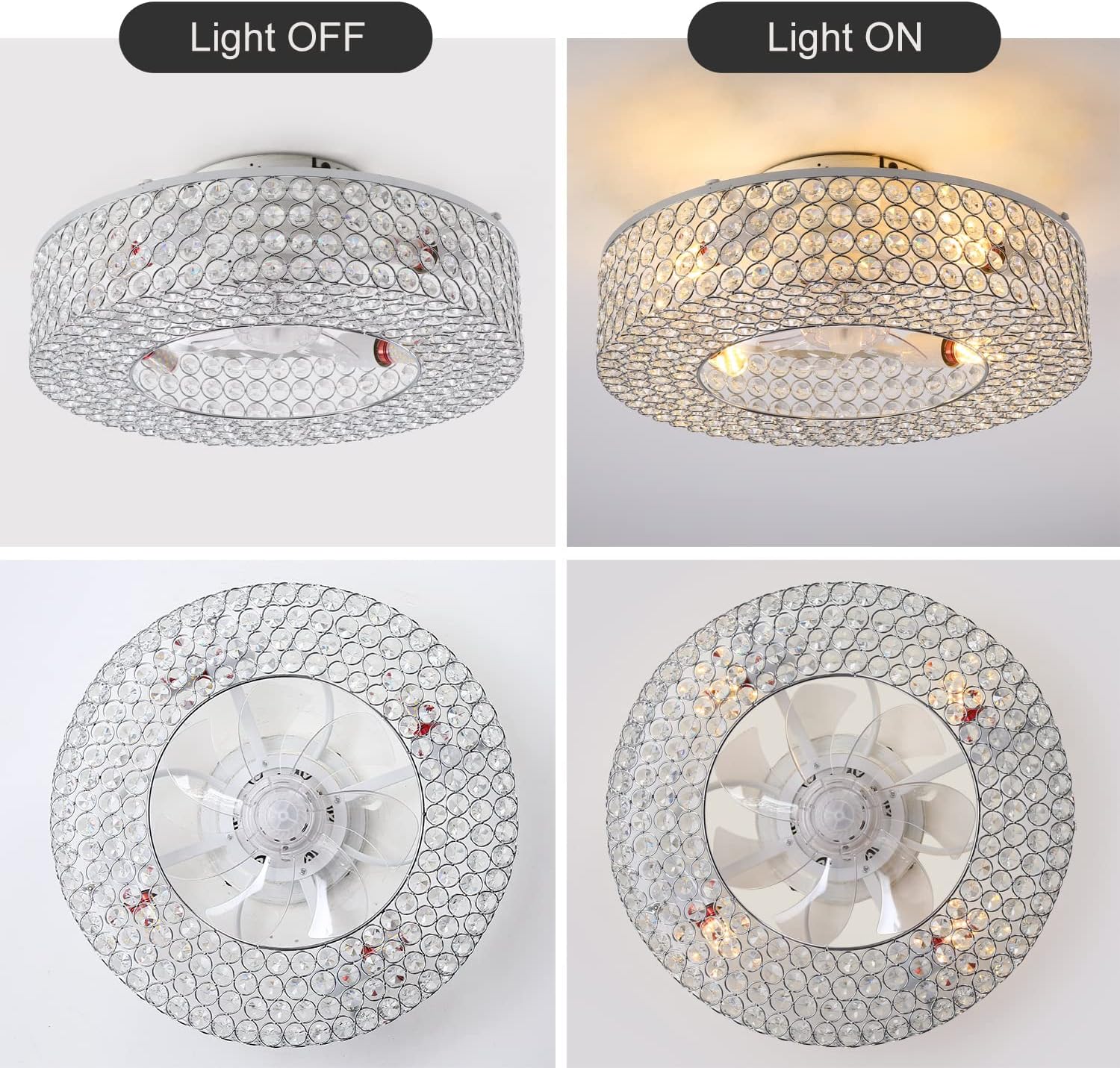 MeZeYo Modernos ventiladores de techo de cristal cerrados de lujo de 19.6 pulgadas con luces enjauladas, iluminación y ventiladores de techo,